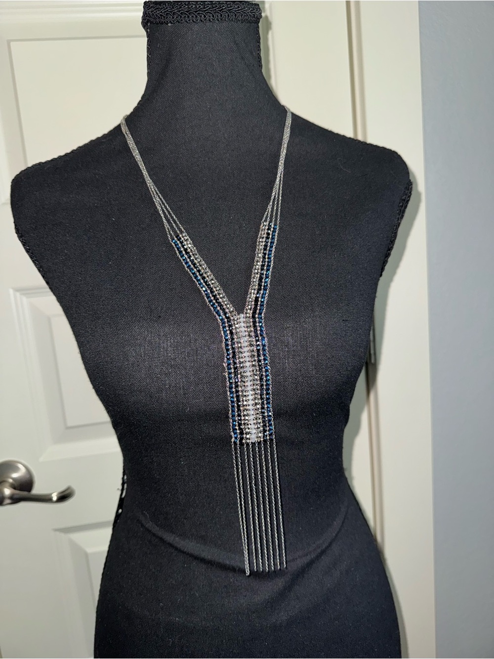 Y2K Style Nakamol Silver and Blue Crystal Beaded Fringe Y Necklace
